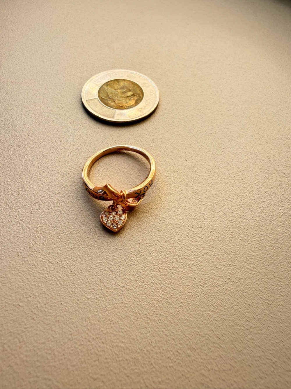 Vintage Gold Heart Charm Ring with Pavé Crystals - Size 7.5